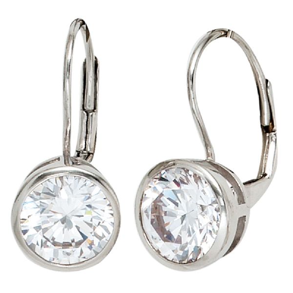 Boutons rund 925 Sterling Silber rhodiniert 2 Zirkonia Ohrringe Ohrhänger CJ