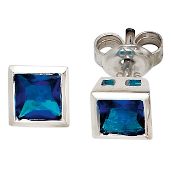 Ohrstecker quadratisch 925 Sterling Silber rhodiniert 2 Zirkonia blau Ohrringe CJ