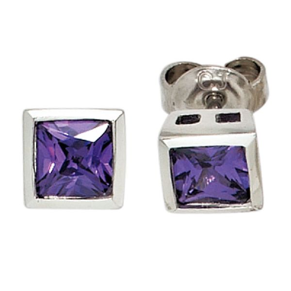 Ohrstecker quadratisch 925 Sterling Silber 2 Zirkonia lila violett Ohrringe CJ