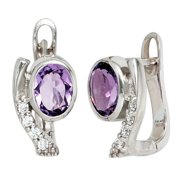 Creolen 925 Sterling Silber mit Zirkonia lila violett Ohrringe Silberohrringe CJ