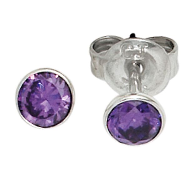 Ohrstecker rund 925 Sterling Silber rhodiniert 2 Zirkonia lila violett Ohrringe CJ