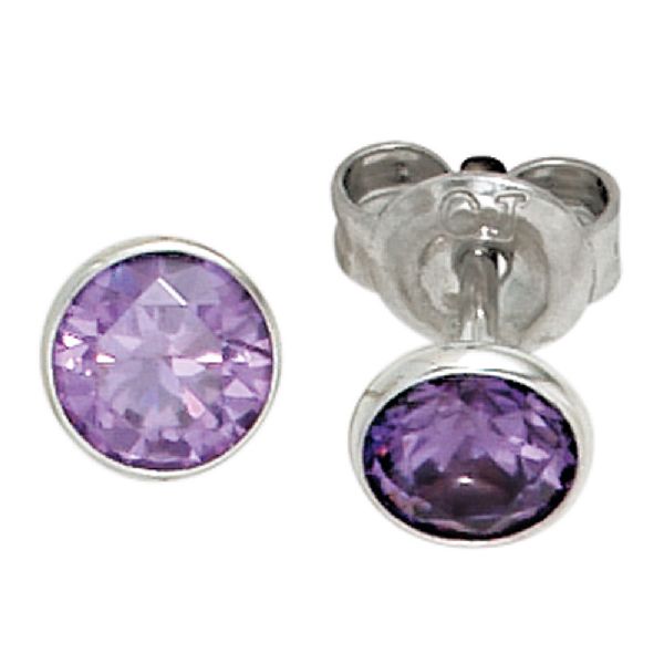Ohrstecker rund 925 Sterling Silber rhodiniert 2 Zirkonia lila violett Ohrringe CJ