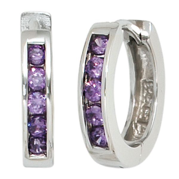 Creolen rund 925 Sterling Silber 10 Zirkonia lila violett Ohrringe Silbercreolen CJ