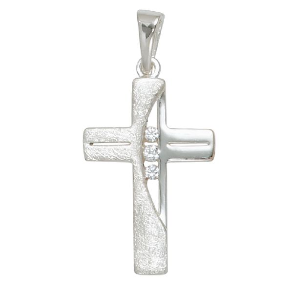 Anhänger Kreuz 925 Sterling Silber eismatt 3 Zirkonia Kreuzanhänger Silberkreuz CJ