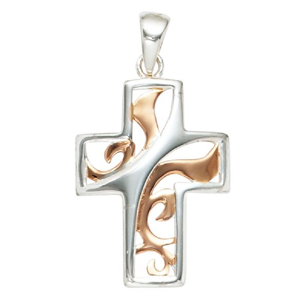 Anhänger Kreuz 925 Sterling Silber bicolor vergoldet Kreuzanhänger CJ