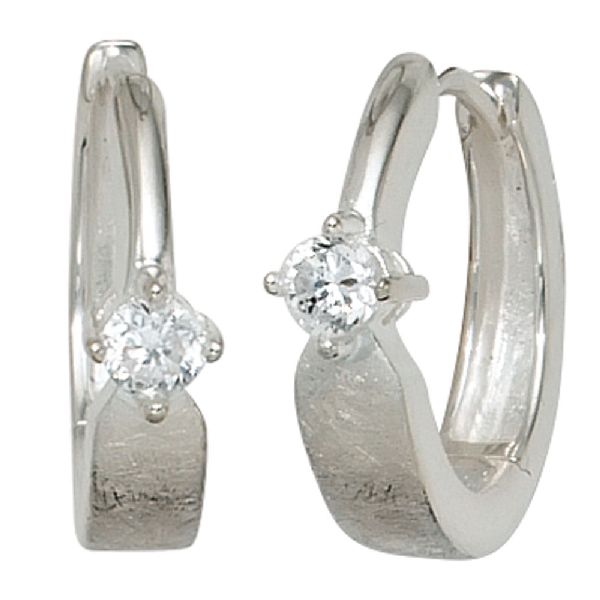 Creolen 925 Sterling Silber eismatt 2 Zirkonia Ohrringe Silbercreolen CJ