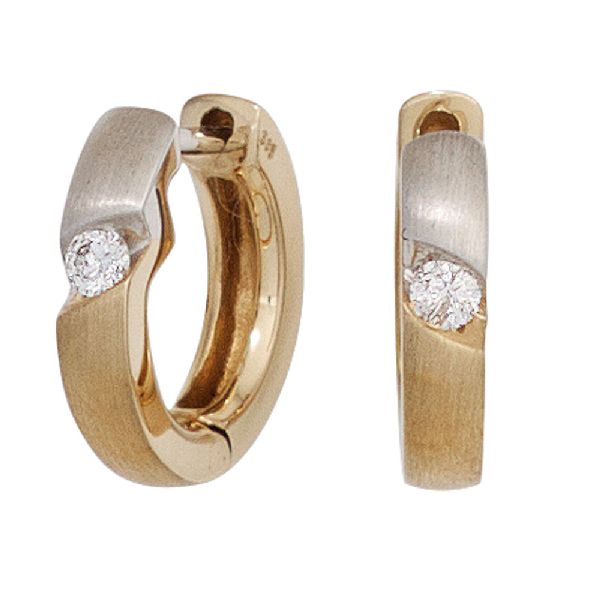 Creolen rund 585 Gold Gelbgold bicolor matt 2 Diamanten Brillanten Ohrringe CJ