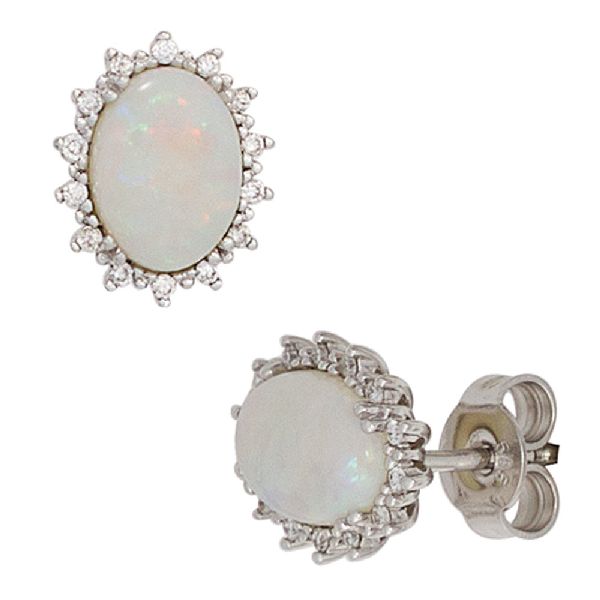 Ohrstecker oval 585 Gold Weißgold 2 Opal-Cabochons 28 Diamanten Brillanten CJ