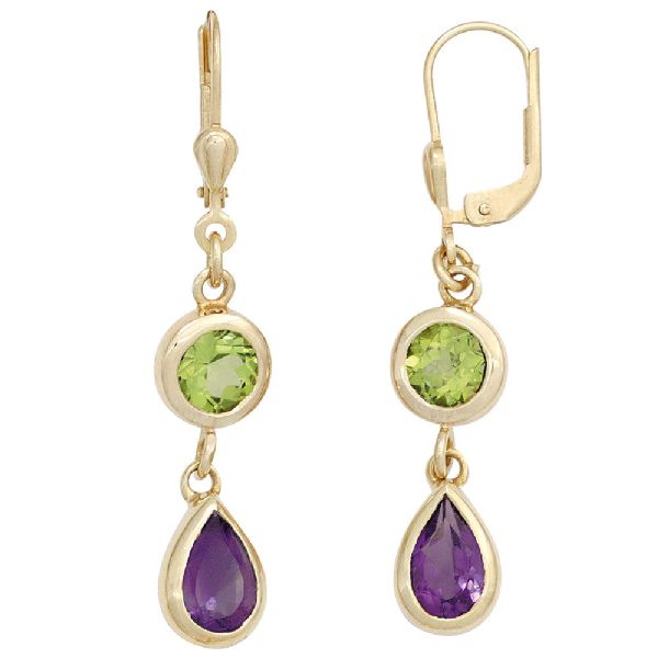 Boutons 585 Gold Gelbgold 2 Amethyste lila 2 Peridote grün Ohrringe Ohrhänger CJ