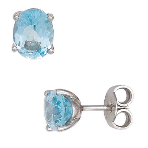 Ohrstecker oval 585 Gold Weißgold 2 Blautopase hellblau blau Ohrringe CJ