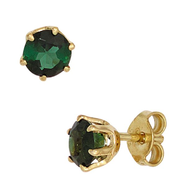 Ohrstecker rund 585 Gold Gelbgold 2 Turmaline grün Ohrringe Goldohrstecker CJ