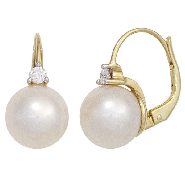 Boutons 585 Gold Gelbgold 2 Süßwasser Perlen 2 Diamanten Ohrringe Ohrhänger CJ