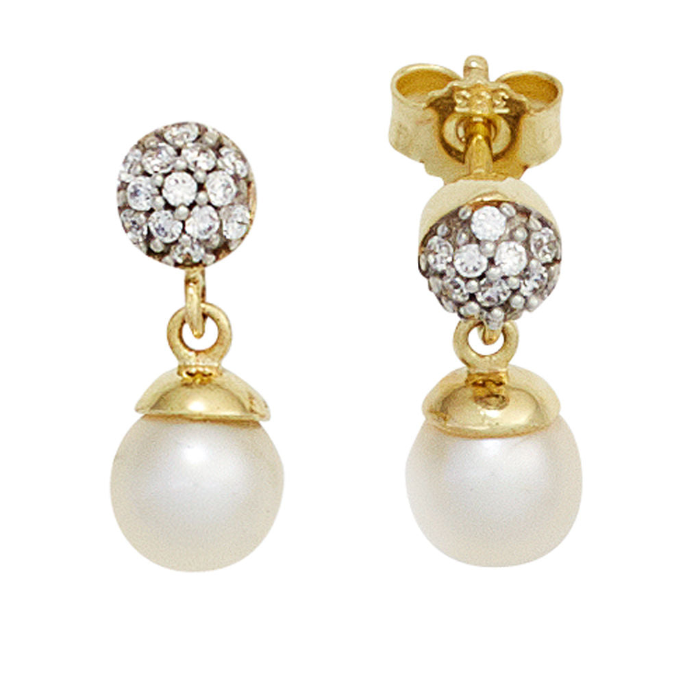 Ohrstecker 333 Gelbgold bicolor 2 Süßwasser Perlen mit Zirkonia Ohrringe CJ