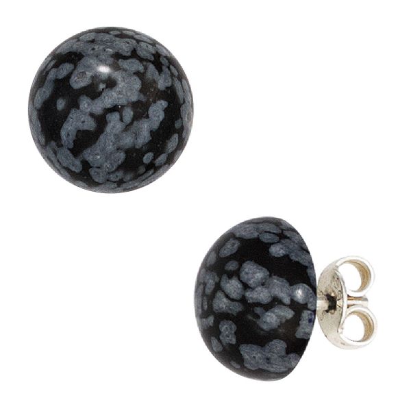 Ohrstecker rund 925 Sterling Silber 2 Schneeflocken-Obsidiane Ohrringe CJ