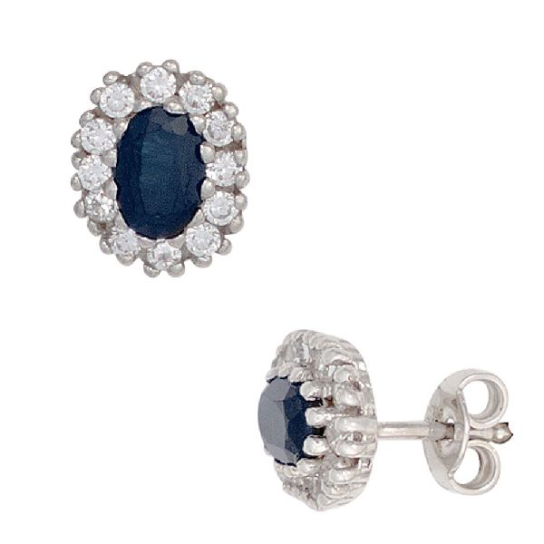 Ohrstecker 925 Sterling Silber rhodiniert 24 Zirkonia 2 Safire blau Ohrringe CJ