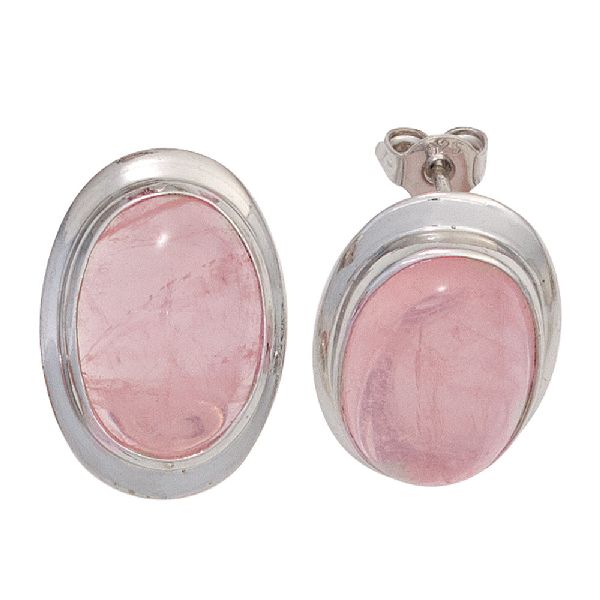 Ohrstecker oval 925 Sterling Silber rhodiniert 2 Rosenquarze rosa Ohrringe CJ