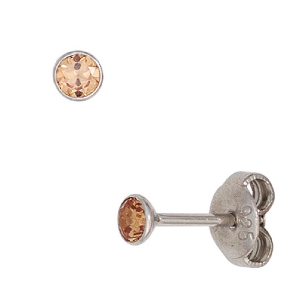 Ohrstecker rund 925 Sterling Silber rhodiniert 2 Zirkonia champagner Ohrringe CJ