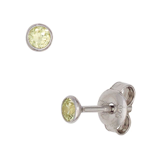 Ohrstecker rund 925 Sterling Silber rhodiniert 2 Zirkonia hellgrün grün Ohrringe CJ