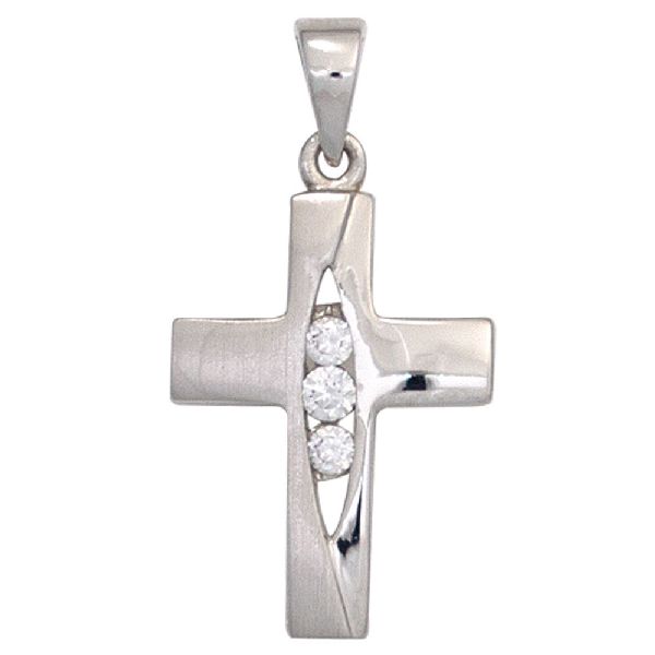 Anhänger Kreuz 925 Sterling Silber teil matt 3 Zirkonia Kreuzanhänger CJ