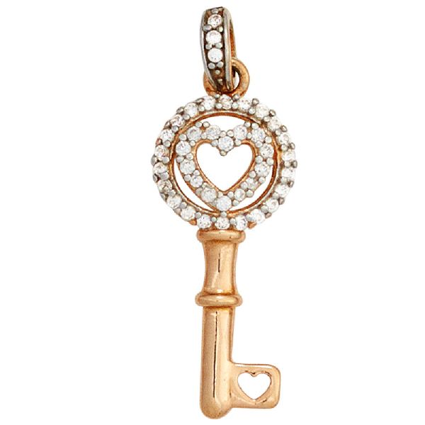 Anhänger Schlüssel 925 Sterling Silber rhodiniert bicolor vergoldet mit Zirkonia CJ