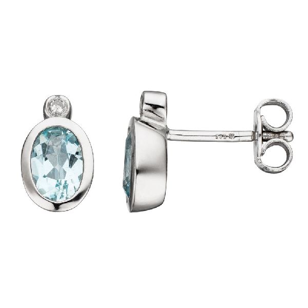 Ohrstecker oval 585 Gold Weißgold 2 Diamanten 2 Aquamarine hellblau blau CJ