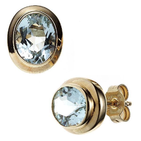 Ohrstecker oval 585 Gold Gelbgold 2 Aquamarine hellblau blau Ohrringe CJ
