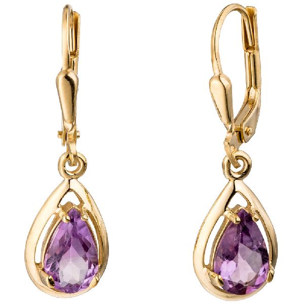 Boutons Tropfen 333 Gold Gelbgold 2 Amethyste lila violett Ohrringe Ohrhänger CJ