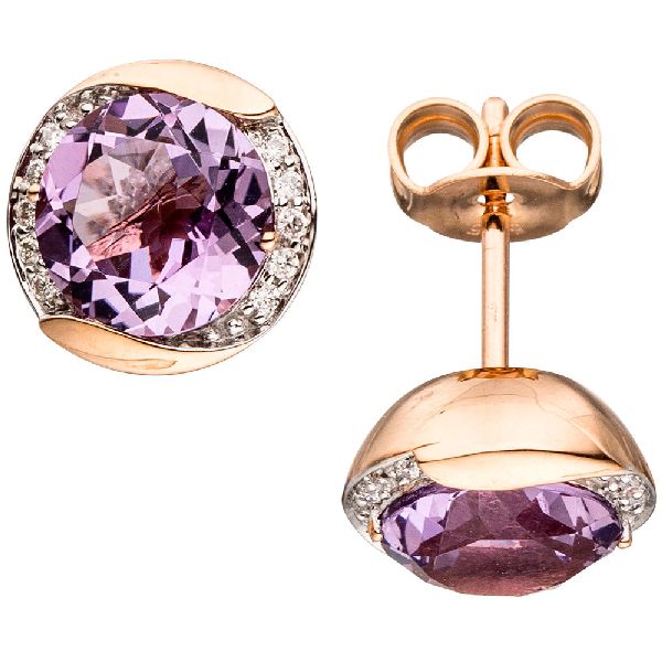 Ohrstecker rund 585 Gold Rotgold 20 Diamanten 2 Amethyste lila violett Ohrringe CJ