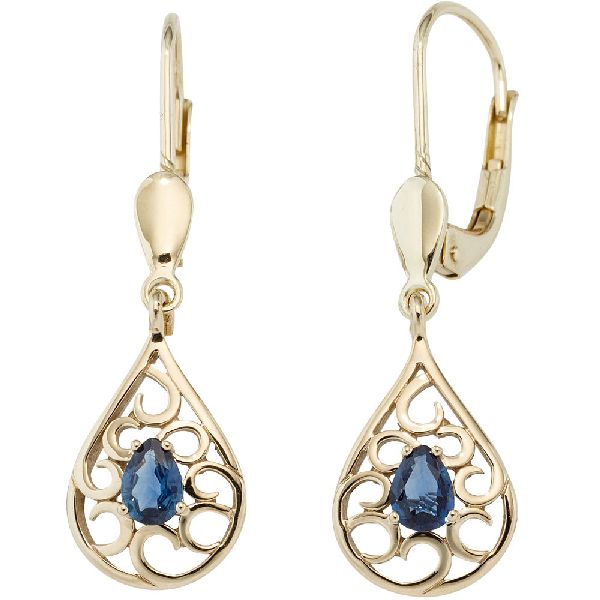 Boutons Tropfen 585 Gold Gelbgold 2 Safire blau Ohrringe Ohrhänger Goldohrringe CJ
