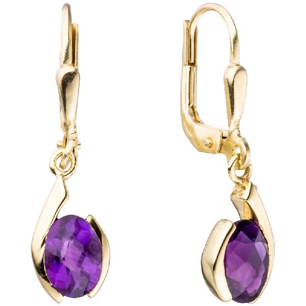 Boutons 333 Gold Gelbgold 2 Amethyste lila violett Ohrringe Ohrhänger CJ