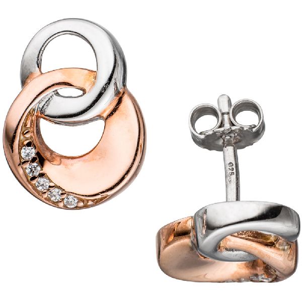 Ohrstecker 925 Sterling Silber bicolor vergoldet mit Zirkonia Ohrringe CJ