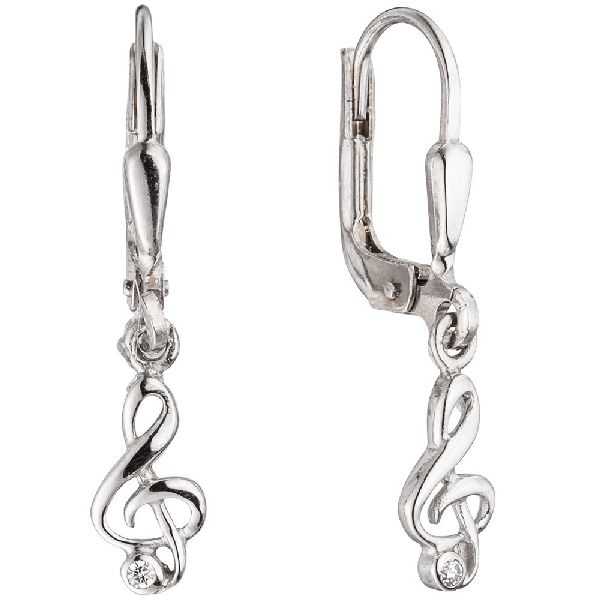 Boutons Notenschlüssel Musik 925 Sterling Silber 2 Zirkonia Ohrringe Ohrhänger CJ