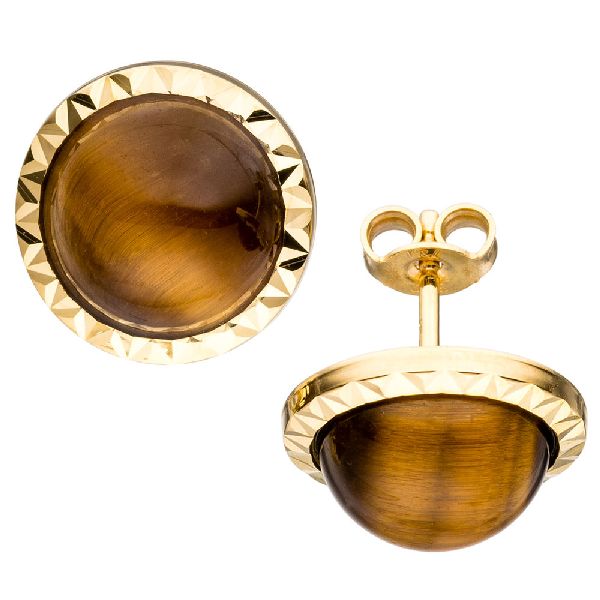 Ohrstecker rund 585 Gold Gelbgold 2 Tigeraugen braun Ohrringe Goldohrringe CJ