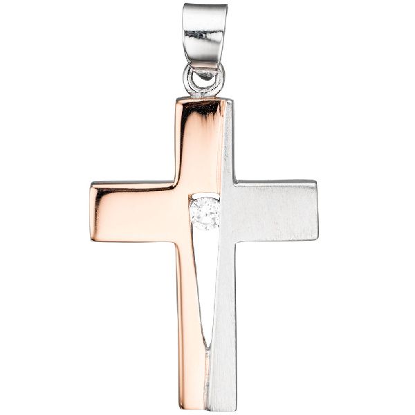 Anhänger Kreuz 925 Silber rotgold vergoldet bicolor 1 Zirkonia Kreuzanhänger CJ