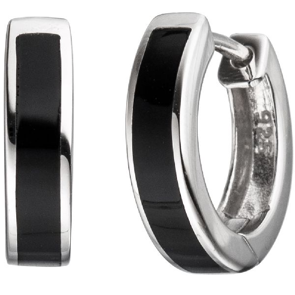Creolen rund 925 Silber mit Onyx-Imitation schwarz Ohrringe Silberohrringe CJ