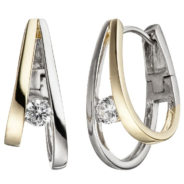 Creolen 925 Sterling Silber bicolor vergoldet 2 Zirkonia Ohrringe CJ