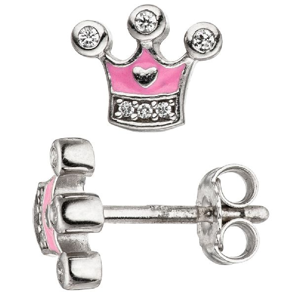 Kinder Ohrstecker Krone 925 Silber mit Zirkonia Ohrringe rosa Kinderohrringe CJ