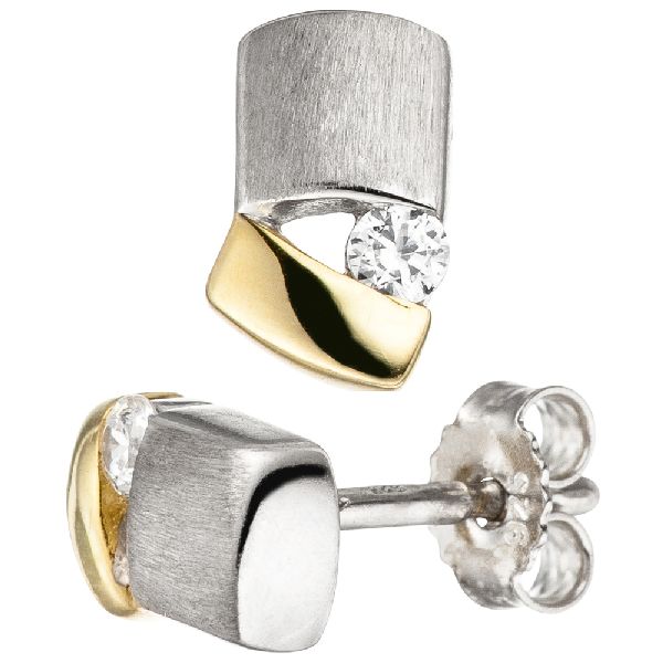 Ohrstecker 925 Sterling Silber bicolor vergoldet matt 2 Zirkonia Ohrringe CJ