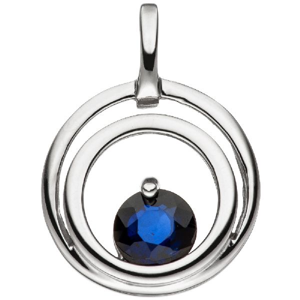 Anhänger rund 333 Gold Weißgold 1 blauer Safir Weißgoldanhänger Safiranhänger CJ