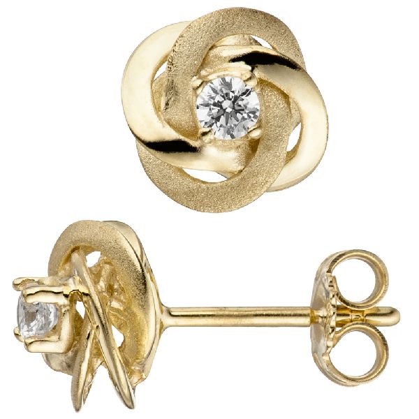 Ohrstecker verschlungen 333 Gold Gelbgold teil matt 2 Zirkonia Ohrringe CJ