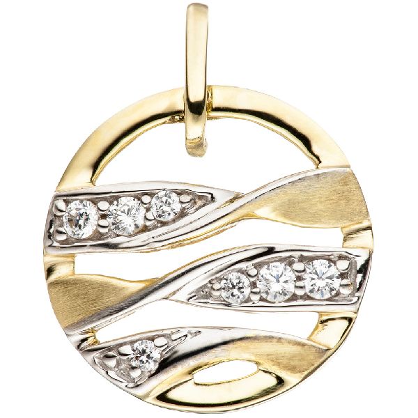 Anhänger rund 333 Gold Gelbgold bicolor teil matt mit Zirkonia Goldanhänger CJ