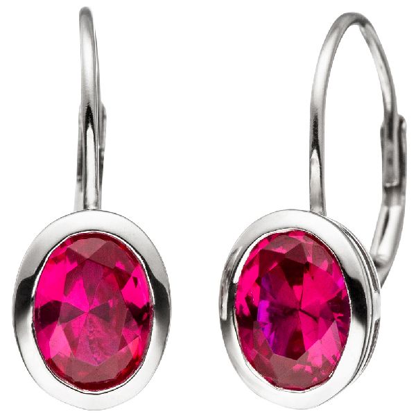 Boutons oval 925 Sterling Silber 2 Zirkonia rot Ohrringe Ohrhänger Silberohrrine CJ