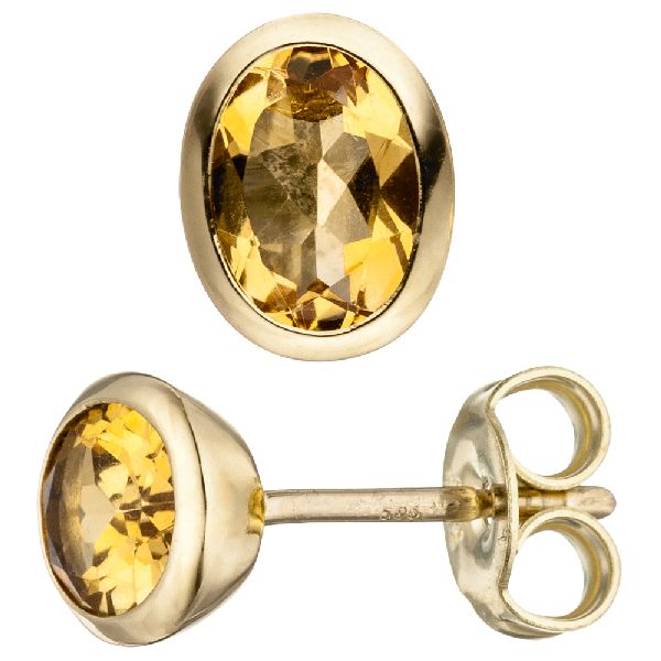 Ohrstecker oval 585 Gold Gelbgold 2 Citrine gelb Ohrringe Citrinohrringe CJ