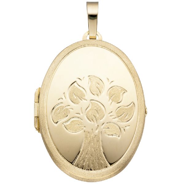 Medaillon Baum oval für 2 Fotos 585 Gold Gelbgold matt Anhänger zum Öffnen CJ