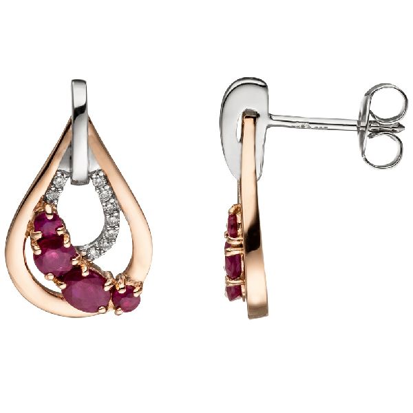 Ohrstecker Tropfen 585 Gold bicolor 8 Rubine rot 18 Diamanten Brillanten CJ
