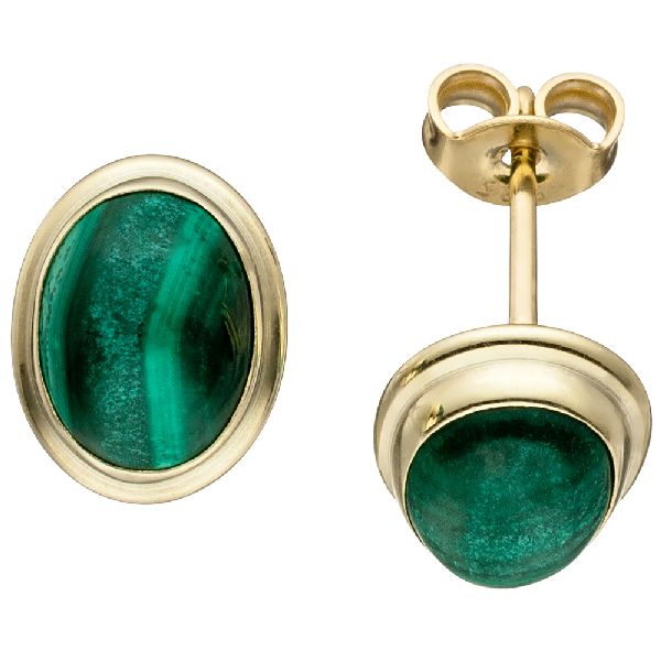 Ohrstecker oval 585 Gold Gelbgold 2 Malachite grün Ohrringe Goldohrringe CJ