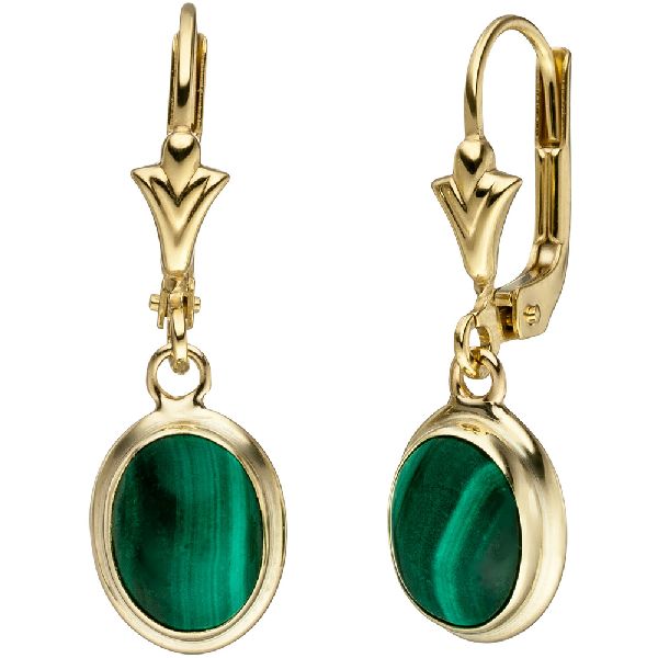 Ohrhänger oval 585 Gold Gelbgold 2 Malachite grün Ohrringe Goldohrringe CJ