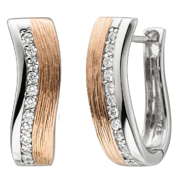 Creolen 925 Sterling Silber bicolor vergoldet teil matt 22 Zirkonia Ohrringe CJ
