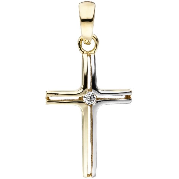 Anhänger Kreuz schmal 375 Gold Gelbgold bicolor 1 Zirkonia Kreuzanhänger CJ