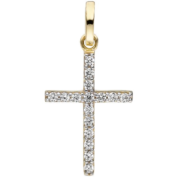 Anhänger Kreuz schmal 375 Gold Gelbgold 16 Zirkonia Kreuzanhänger Goldkreuz CJ